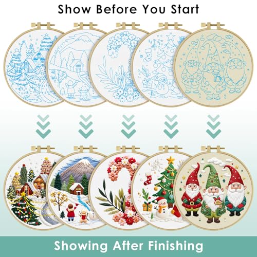 ERKOON Embroidery Kit for Beginners, 5 Sets Christmas Cross Stitch Set for Adults Include Embroidery Cloth Hoops Threads for Craft Lover Hand Stitch with Skill Techniques (Christmas#2)