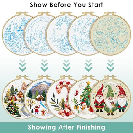 ERKOON Embroidery Kit for Beginners, 5 Sets Christmas Cross Stitch Set for Adults Include Embroidery Cloth Hoops Threads for Craft Lover Hand Stitch with Skill Techniques (Christmas#2) ERKOON