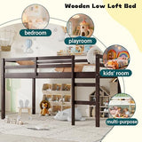 Mirightone Low Loft Bed Twin Size, Wood Junior Loft Bed Frame with Ladder for Kids Girls Boys Teens, Solid Rubberwood, Espresso Mirightone