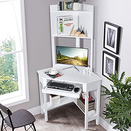 Tangkula White Corner Desk with Hutch, 90 Degrees Triangle Computer Desk with Keyboard Tray & Bookshelves for Small Space, Space Saving Writing Desk with Storage Shelves for Bedroom Apartment - WoodArtSupply