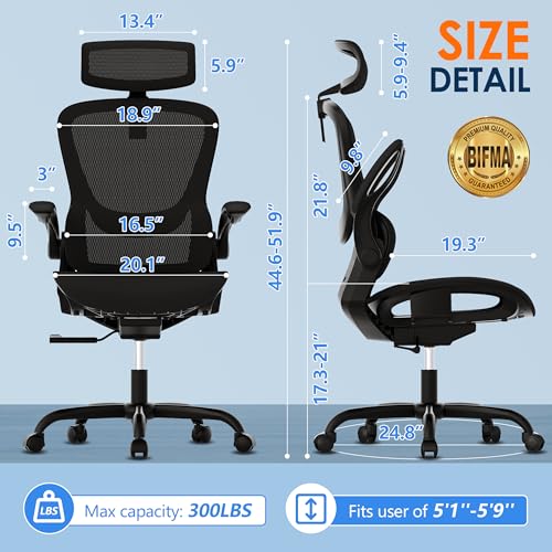 GABRYLLY Ergonomic Mesh Office Chair, Adjustable Home Desk Chair with Folding Armrest, 2D Headrest, Soft Seat and PU Wheel, Black Swivel Task Chair for Office, Business, Student (GY1108) GABRYLLY