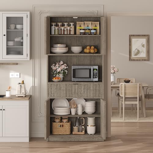 IDEALHOUSE Tall Storage Cabinet, 70" Kitchen Pantry Cabinet with Doors, Fluted Kitchen Hutch Cupboard with Microwave Shelf & Drawer, Freestanding Cupboard for Dining Room, Living Room, Gray IDEALHOUSE
