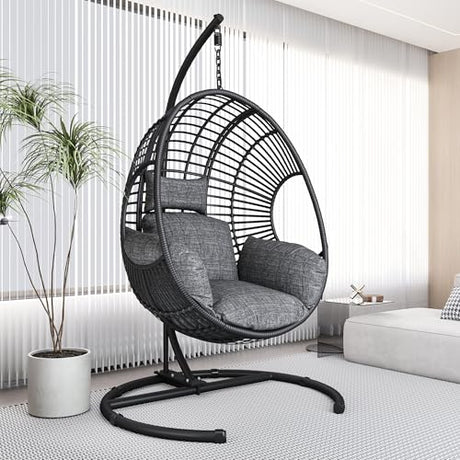 Hanging Egg Chair with Stand - Egg Swing Chair Outdoor Indoor Patio Wicker Chair Swing Hammock Egg Chairs 400lbs Capacity for Outside Patio, Bedroom, Garden and Balcony（Black, 1PC） TQKVIPI