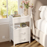 Nightstand Bedside Table Hidden Drawer - Night Stand with Charging Station and Sliding Top Storage, Bed Side Table with 2 Fabric Drawers, Modern Nightstand for Bedroom Dorm Living Room, White Lazzanto