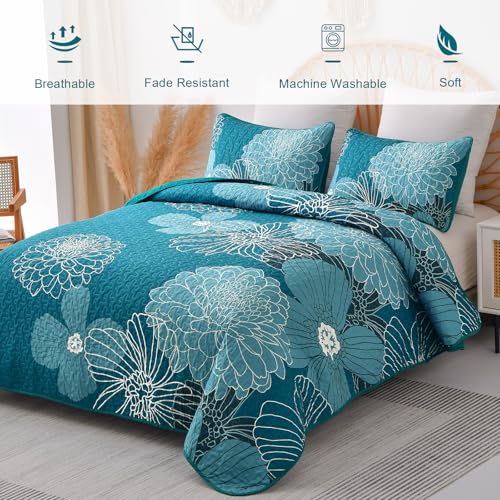 King Quilt Sets Teal Floral Pattern Quilt Bedding Set, 3 Pieces Botanical Quilt Bedspread Coverlet Set, Soft Microfiber Boho Flower Bed Coverlet Bedding Set for All Season(104" x 90) Anibedding