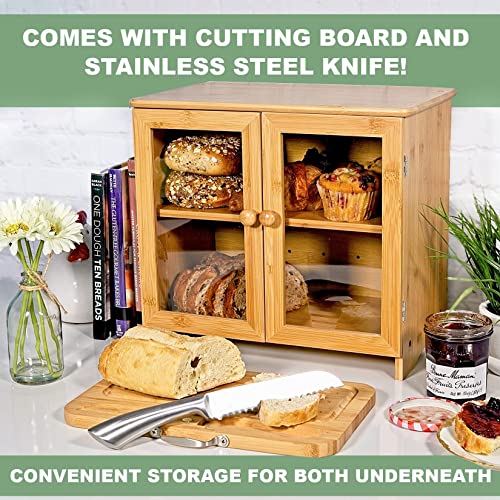 LuvURkitchen Large Wooden Bread Box For Kitchen Countertop, Comes With Thick Bamboo Cutting Board And Stainless Steel Bread Knife. Rustic Bamboo Bread Box With Adjustable Shelf. (easy Self-assembly)