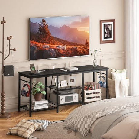 YGEOMER TV Stand for 55 Inch TV, Entertainment Center with Power Outlet and Open Storage Shelves, TV Console Table for Living Room and Bedroom, Black YGEOMER