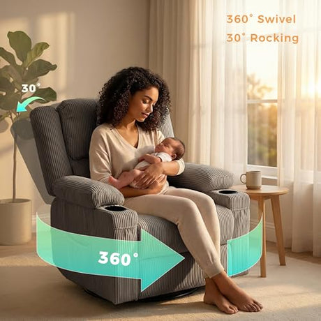 IKAKOS 360 Degree Swivel Rocker Recliner Chair with Heat and Massage, Soft Corduroy Manual Reclining Nursery Glider with USB Port, 2 Cup Holders & 4 Storage Pockets, 400lbs Capacity (Grey) IKAKOS