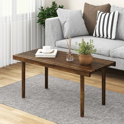 Tangkula Wood Coffee Table, Farmhouse Acacia Wood Cocktail Table with Slatted Tabletop for Living Room, Rectangle Center Tea Table for Small Spaces, Easy Assembly, 39 x 18 Inch (Rustic, Brown) Tangkula