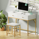 SUPERJARE 35.4" White and Gold Desk with 2 Drawers, Modern Makeup Vanity Desk with Padded Stool, Small Computer Desk Home Office Desk for Writing Study Bedroom SUPERJARE