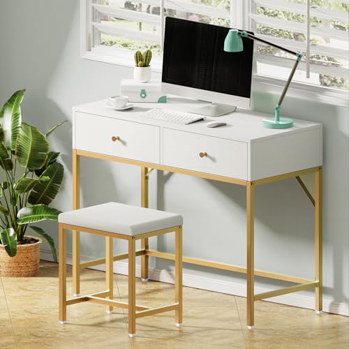 SUPERJARE 35.4" White and Gold Desk with 2 Drawers, Modern Makeup Vanity Desk with Padded Stool, Small Computer Desk Home Office Desk for Writing Study Bedroom - WoodArtSupply