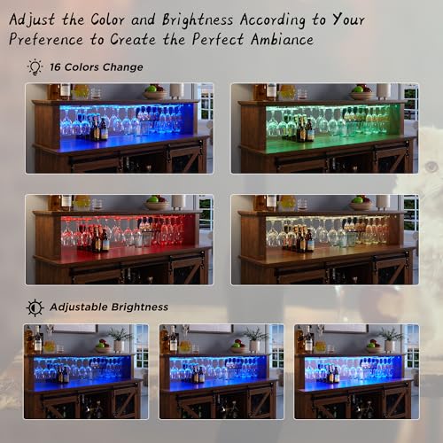 OKD Farmhouse Coffee Bar Cabinet with LED Lights, 55" Sideboard Buffet Table w/Sliding Barn Door & Wine and Glass Rack, Home Liquor Bar w/Storage Shelves for Dining Room,Reclaimed Barnwood OKD