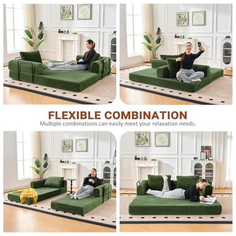 Liiwepo 79" Convertible Sofa Bed, 5-in-1Boneless Couch for Living Room with 2 Pillows Corduroy Folding Sleeper Sofa Bed, Boneless Cloud Loveseat Futon Sofa Bed for Living Room Bedroom Lounge, Green Liiwepo