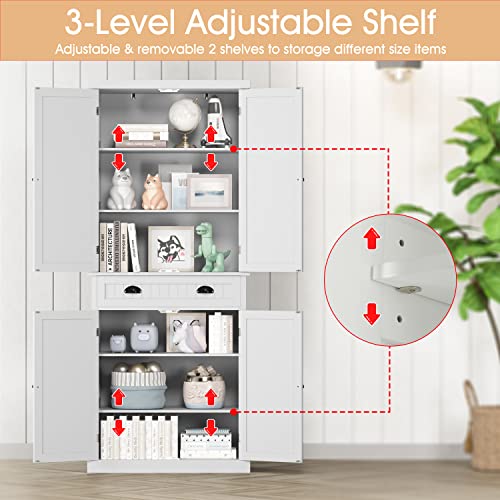 Function Home 72" Kitchen Pantry Cabinet, Tall Storage Cabinet, Freestanding Cupboard with Drawer and Adjustable Shelves, Pantry Cabinets for Kitchen Bathroom Living Room, White - WoodArtSupply