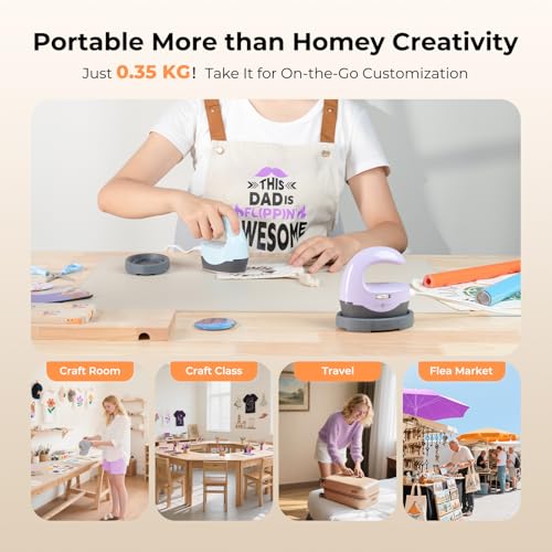 HTVRONT Heat Press H1 Mini Heat Press Machine, Small Heat Press Portable Iron Press Machine for T Shirts, Hats, Heating Transfer Projects (H1 Lavender Purple) HTVRONT