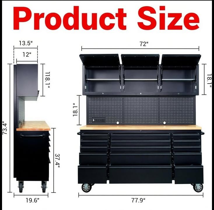 72-inch Rolling Tool Chest Cabinet Garage Workbench with 15 Storage Drawers and Wheels, 3 Upper Cabinet, Pegboard, Steel Large Tool Box for Garage Workshop, Matte Black MERXENG
