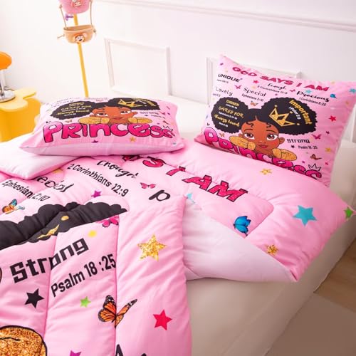 GRAT TIOC Black Girl Magic Comforter Set Twin,Black Girl Bedding Set,Christian Inspirational Little Princess Comforter,God Says I Am Afro Melanin Peekaboo Bedroom Set GRAT TIOC