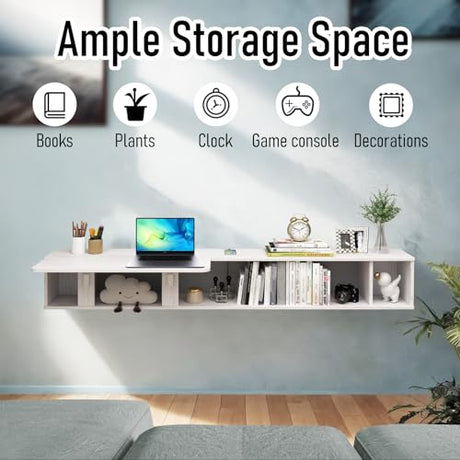 Pmnianhua 70'' Floating Desk with Storage Shelves,Wall Mounted Desk Laptop Computer Writing Study Table for Bedroom Small Space(White) Pmnianhua