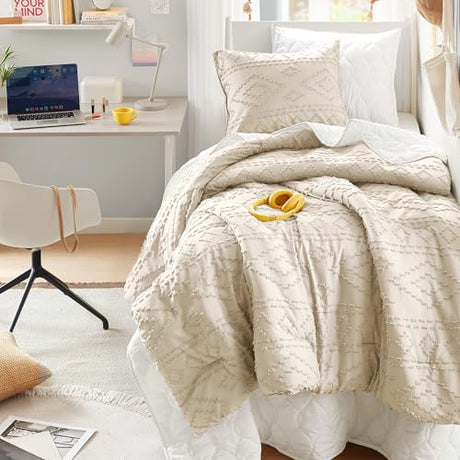 Comfort Spaces Twin/Twin XL Comforter Set for College Tufted Boho Dorm Comforter Set Twin XL Size, All Season Lightweight Bedding Set Soft, Matching Sham Beige 2 Piece Comfort Spaces