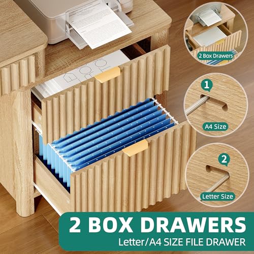 YITAHOME Computer Desk with Hutch and Drawers, 55" Office Desk with Storage Shelves and Printer Stand, Gaming Desk with Power Outlets & LED Lights, Fluted Sturdy Writing Workstation, Natural Oak YITAHOME