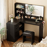 YESHOMY Vanity Desk with Lights and Mirror, L Shaped Makeup Table, Dresser with Hairdryer Holder and Power Outlet, Adjustable 3 Lighting Modes, 5 Drawers and Adjustabled Open Storage Shelves, Black YESHOMY
