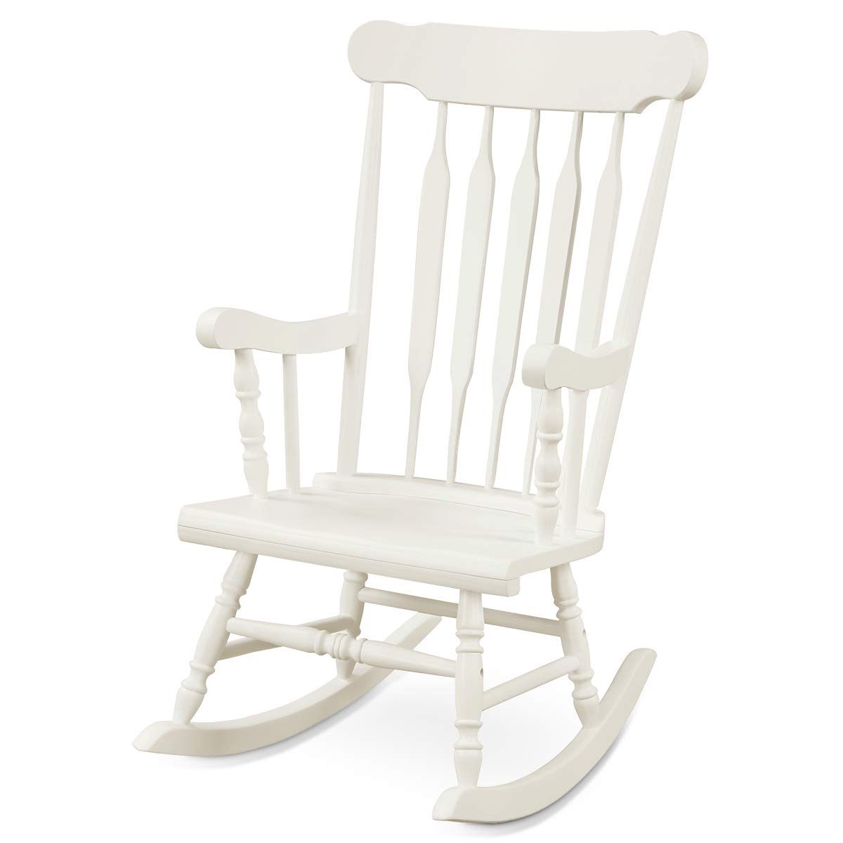 Giantex Outdoor Wood Rocking Chair - Patio Rocking Chair with Solid Rubber Wood Frame, Slat Back, Outside & Indoor Rocker for Garden, Poolside, Balcony, Backyard, Lawn, Front Porch Rocker, White Giantex