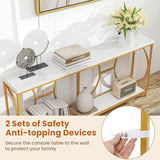 GOFLAME 71” Extra Long Console Table, 2-Tier Faux Marble Entryway Table with Storage Shelf, Geometric Metal Frame, Modern Gold Accent Table, Narrow Sofa Table for Living Room, Hallway GOFLAME