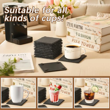 24 PCS Slate Coasters Black Square 4 Inch Bulk Rock, Blank Laser Engraving, Scratch Resistant Bottom, Home Office Kitchen Gift Wedding Bar Party DASSNANE