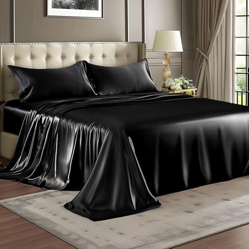 BEDELITE Satin Sheets Full Size Bed Set, Luxury Soft Black Silky Sheets for Hair and Skin, Similar to Silk Bed Sheets Set 4 Pieces with 1 Deep Pocket Fitted Sheet, 1 Flat Sheet, and 2 Pillowcases BEDELITE