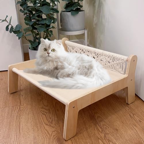 TOYAFUN Boho Cat Hammock Bed - Macrame Elevated Cat Bed for Indoor Cats, Free-Standing Breathable Cat Chair, Wooden Cat Swing Bed Pet Furniture Gift for Cats and Small Dogs TOYAFUN