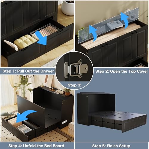 Jotirxe Full Murphy Bed Cabinet: Black Cabinet Bed with Charging Station, Cube Murphy Beds with Drawers, Modern Hidden Beds for Small Spaces, Guest Room and Office Jotirxe