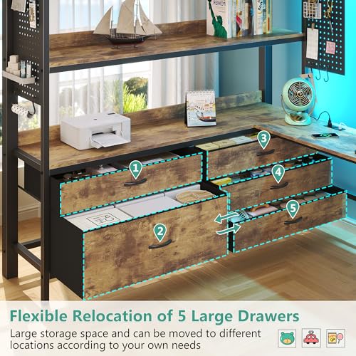 Loft Bed with Desk,Full Size loft bed, Loft Beds Full Size with 5 Fabric Storage Drawers & Stairs,Charging Station&LED Lights,Metal Bunk Bed with Desk, Removable Guard Ladder, Noise Free, Brown BYSAUD