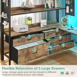 Loft Bed with Desk,Full Size loft bed, Loft Beds Full Size with 5 Fabric Storage Drawers & Stairs,Charging Station&LED Lights,Metal Bunk Bed with Desk, Removable Guard Ladder, Noise Free, Brown BYSAUD