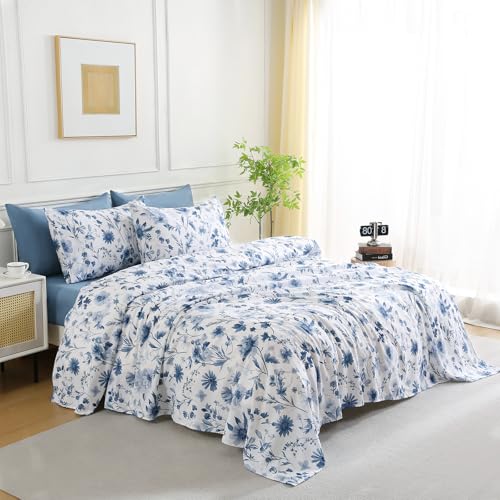 Botanical 6-Piece Full Size Sheets Set, Boho Floral Print Brushed Microfiber Sheets, Cooling Bed Sheet Set, Ultra Soft & Breathable, 16' Deep Pocket Fitted Sheet & Pillowcase Set, Grey Blue Floral Swiftify
