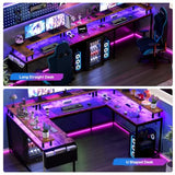 Garvee 79 Inch u Shaped Computer Desk,Large Gaming Desk with Power Outlets & LED Lights,Reversible l Shaped Desk for Home Office Work and Gaming,Rustic Brown Garvee