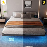 FviMzailon King Size Floating Bed Frame - Metal Platform Bed with Smart LED Lights & Charging Station, No Box Spring Needed, Easy Assembly FviMzailon