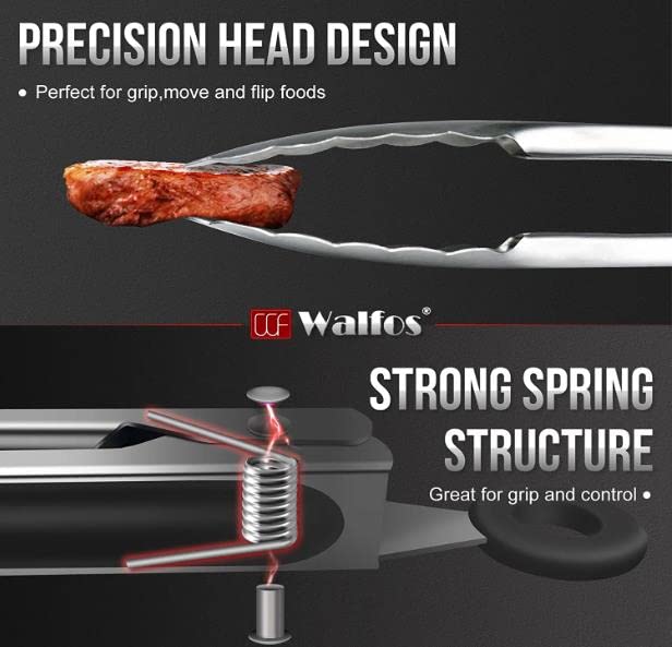 Food Grade Stainless Steel Kitchen Tongs for Cooking,BBQ - 7 ，9 and 12 Inch,Set of 3 Heavy Duty Locking Metal Food Tongs Non-Slip Grip Walfos