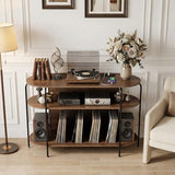Faesun Large Record Player Stand with Vinyl Record Storage & Power Outlets, Holds 200+ Albums, 3-Tier Turntable Stand for Living Room & Bedroom, Mid Century Round Shelf Design,Walnut Faesun