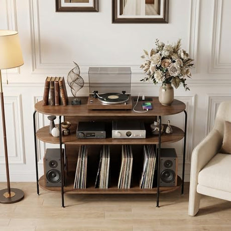 Faesun Large Record Player Stand with Vinyl Record Storage & Power Outlets, Holds 200+ Albums, 3-Tier Turntable Stand for Living Room & Bedroom, Mid Century Round Shelf Design,Walnut Faesun