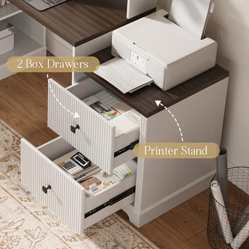 67" L Shaped Executive Desk with Drawers & Storage Shelf, Corner Computer Desk with Power Outlets, Home Office Desk with Monitor Stand, Printer Shelf, Computer Writing Desk for Work, Antique White CASSORA