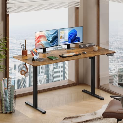 DEVAISE 63 x 28 Inches Electric Standing Desk, 3 Adjustable Height Stand up Desk for Home Office, Ergonomic Sit to Stand Desk with LED Touchscreen, Hook, 3 Memory Preset Computer Desk (Rustic Brown) DEVAISE