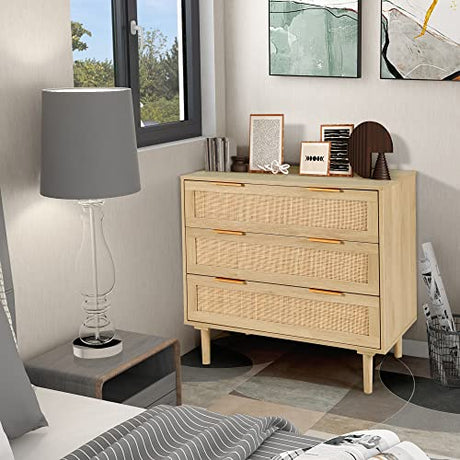 HOPUBUY 3 Drawer Dresser for Bedroom, Rattan Dresser Modern Closet Dressers Chest of Drawers, Wood Oak 3 Drawer Storage Chest for Bedroom, Hallway, Living Room HOPUBUY