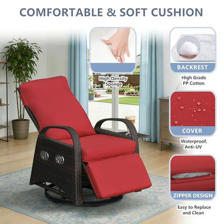 Skypatio Outdoor Patio Swivel Recliner Chair, Independently Adjustable Backrest and Footrest Patio Wicker Reclining Lounge Chair with Flip Side Table for Indoor, Balcony, Porch(Red) Skypatio