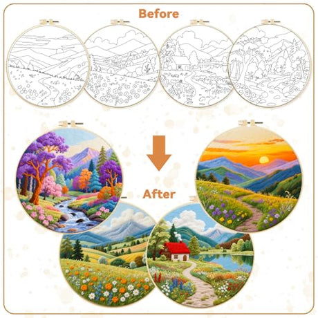 BEUNITONE 4 Pack Beginner Embroidery Kit for Adults, Fairy Tale Nature Landscape Pre-Stamped Pattern Needlepoint Kits with Hoop, Tools & Instruction, Hand Embroidery Kits for Fabric and Home Decor BEUNITONE