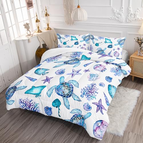 XYNHML Blue Sea Turtle Comforter 3Pcs Ocean Bedding Set Twin Coral Starfish Shell Fish Bedding Set for Kid Teen Girl Boy Adult Bed Decor Conch Manta Ray Quilt with 1 Comforter and 2 Pillowcases XYNHML