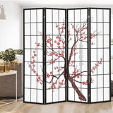 GOFLAME Japanese Style 4 Panel Room Divider, 6ft Folding Shoji Screen Room Partition with Plum Blossom Design, Solid Wood Frame, Freestanding Wall Divider, Indoor Room Separator for Home Office GOFLAME