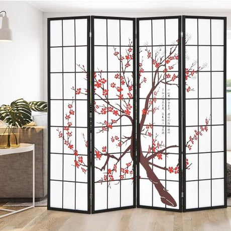 GOFLAME Japanese Style 4 Panel Room Divider, 6ft Folding Shoji Screen Room Partition with Plum Blossom Design, Solid Wood Frame, Freestanding Wall Divider, Indoor Room Separator for Home Office GOFLAME