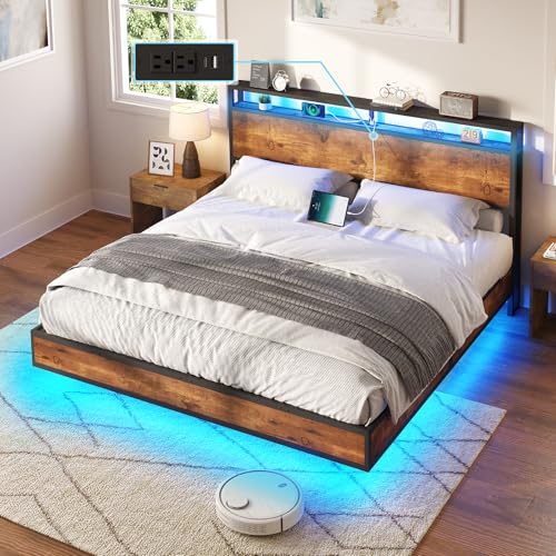 AMERLIFE King Size Floating Bed Frame with 2-Tier Storage Headboard, Metal Bed Frame with Charging Station & LED Lights, No Box Spring Needed, Rustic Brown AMERLIFE