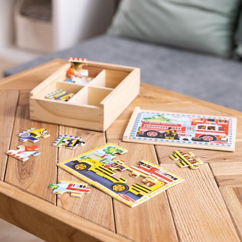 Melissa & Doug Vehicles 4-in-1 Wooden Jigsaw Puzzles in a Storage Box (48 pcs) - FSC Certified