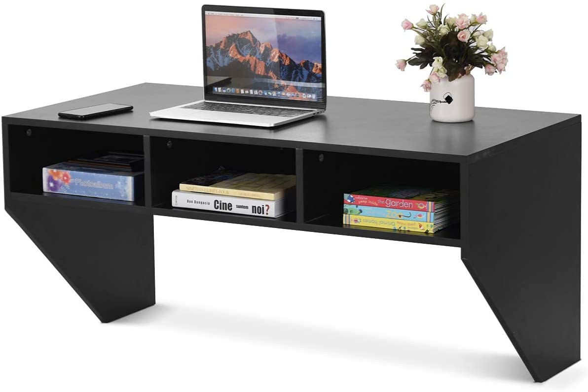 Giantex Wall Mounted Desk Floating Computer Desk, Writing Study Table W/3 Storage Shelves, Laptop PC Table for Living Room, Bedroom, Office (Black) - WoodArtSupply